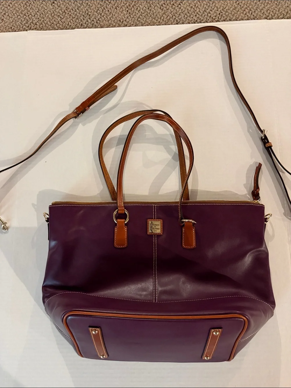 Dooney & Bourke Plum Leather Tote with Tan Trim